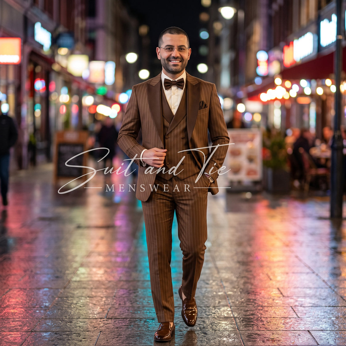 A man wearing a brown pinstripe three-piece suit, white dress shirt, and brown bow tie walks down a wet, brightly lit city street at night. A large 'Suit and Tie Menswear' watermark is overlaid across the center.