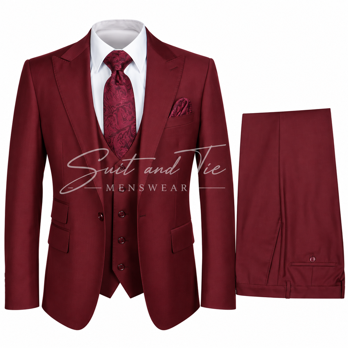 A three-piece burgundy suit set including a jacket, vest, and trousers, styled with a white dress shirt, a matching burgundy paisley tie, and a pocket square. The image is set against a plain white background with a watermark overlay reading 'Suit and Tie MENSWEAR'.