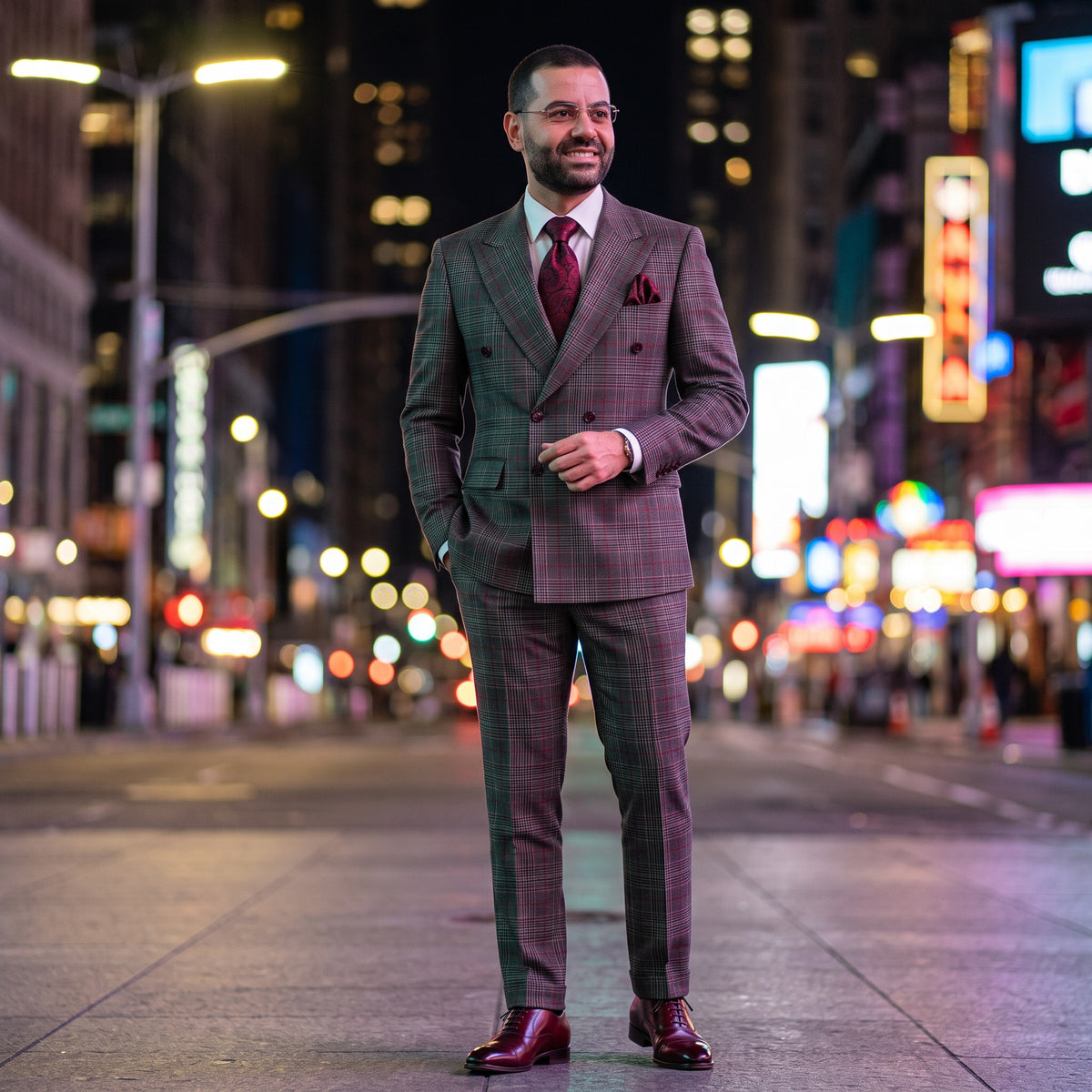 A man wearing a dark gray double-breasted plaid suit with a red patterned tie and matching pocket square, standing on a city street at night with blurred neon lights in the background.