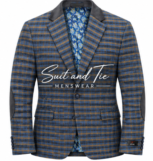 A men's blazer jacket with a blue and brown plaid pattern, featuring dark gray lapels and elbow patches, a blue floral lining, and a 'Suit and Tie MENSWEAR' logo printed across the chest.