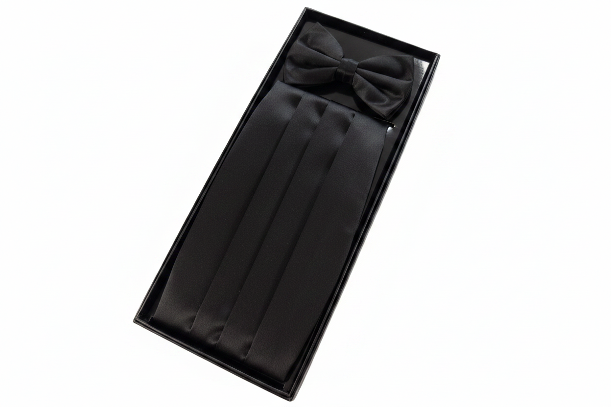 A black formal accessory set including a pleated necktie and matching bow tie, presented in a black gift box on a white background.
