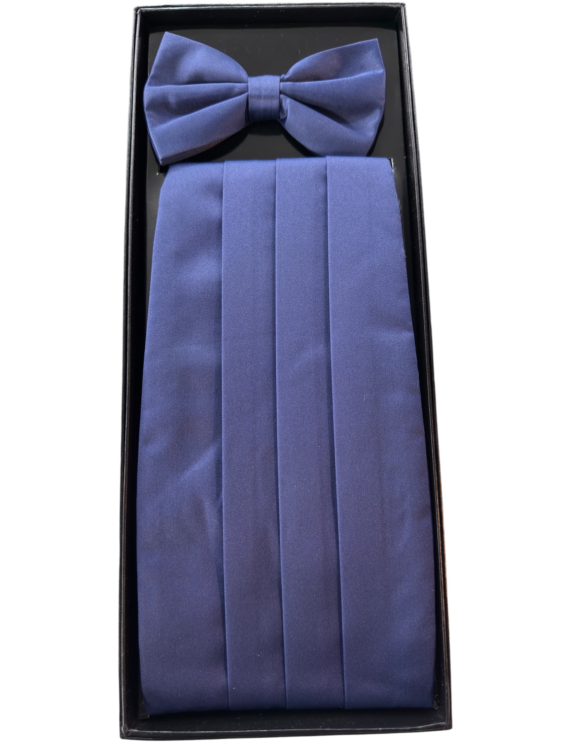 A Blue pleated formal cummerbund set with a matching bow tie, presented in a black gift box against a white background.