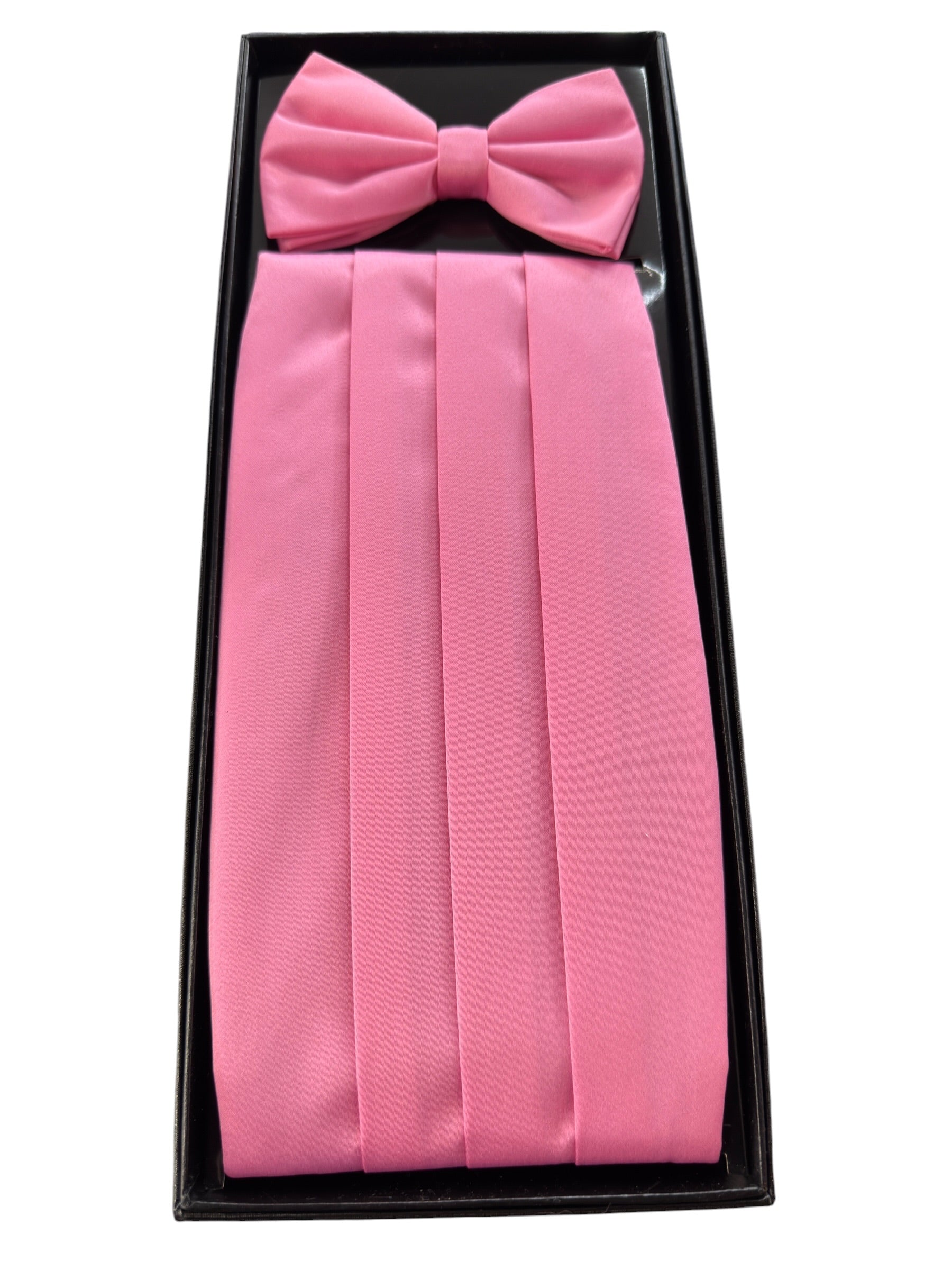 A pink formal accessory set including a pleated necktie and matching bow tie, presented in a black gift box on a white background.