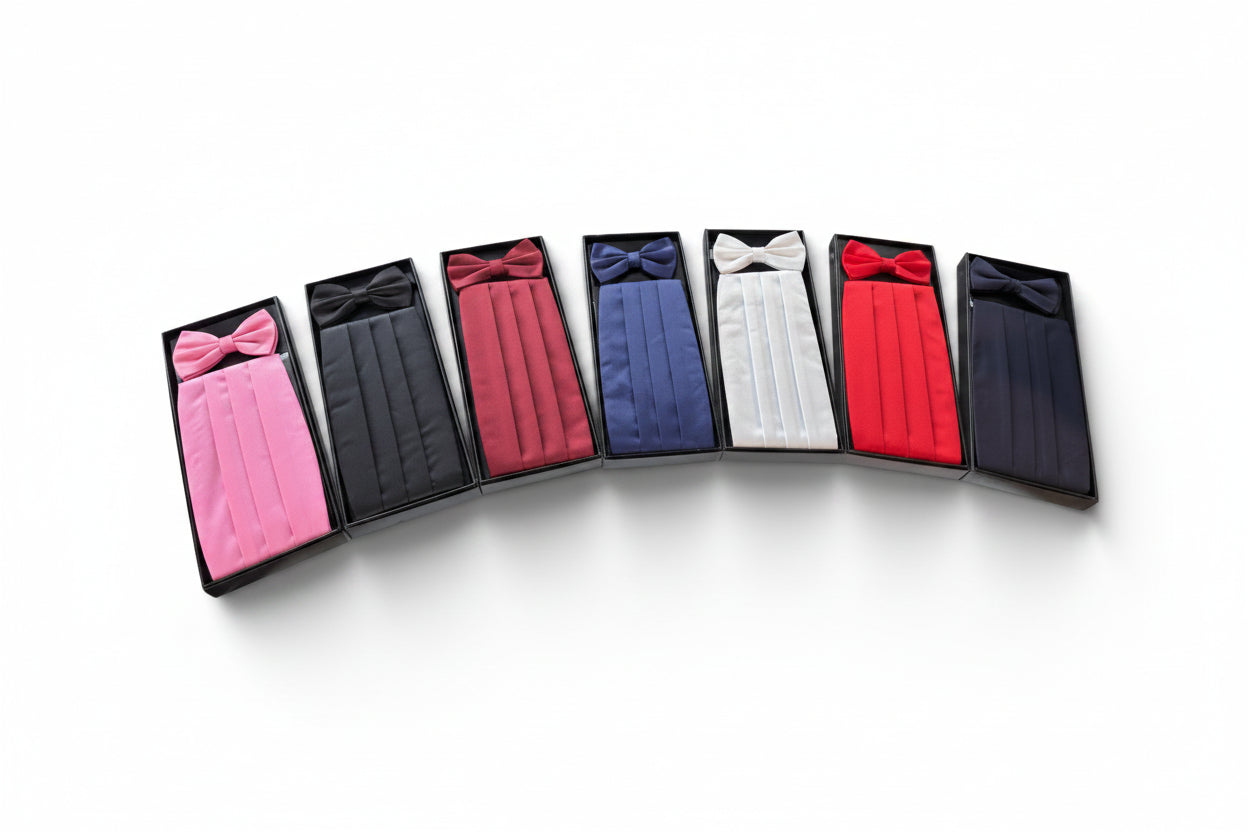 Six pleated bow tie and cummerbunds in various colors (pink, black, red, blue, white, and dark navy) arranged in a curved row on a white background.