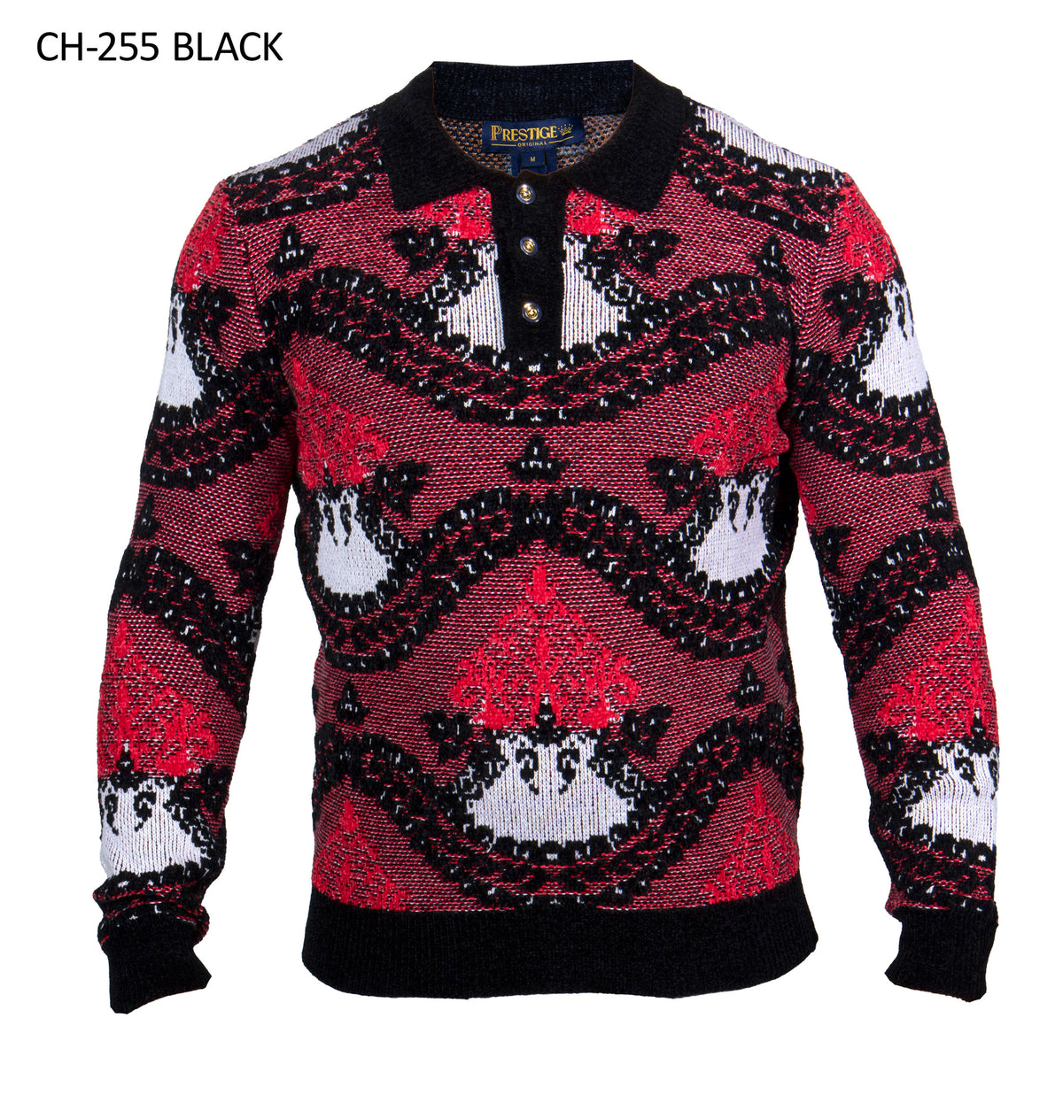 A long-sleeve knit polo sweater with a black collar, black cuffs, and a black ribbed hem, featuring a red, black, and white ornate pattern. The brand name 'Prestige' is visible on the inner neck label.