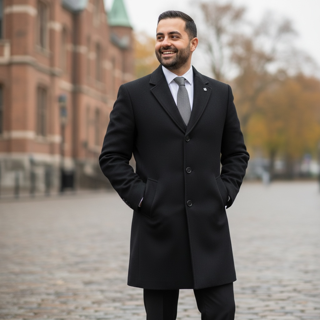 Man wearing a black coat standing on a street with buildings and trees in the background