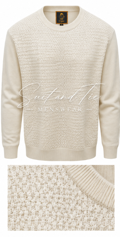 An cream textured knit crewneck sweater with long sleeves, shown on a white background with a close-up texture inset at the bottom. A watermark reading 'Suit and Tie MEN'SWEAR' is overlaid across the center.