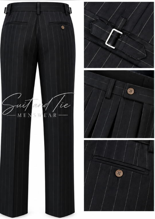 Black pinstripe dress pants shown from the back with three detail inset images on the right, including a close-up of the belt loop, button waist, and back pocket.