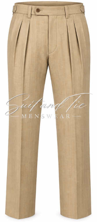 Tan pleated dress pants with a button waistband, shown on a white background with a 'Suit and Tie MENSWEAR' watermark overlay.