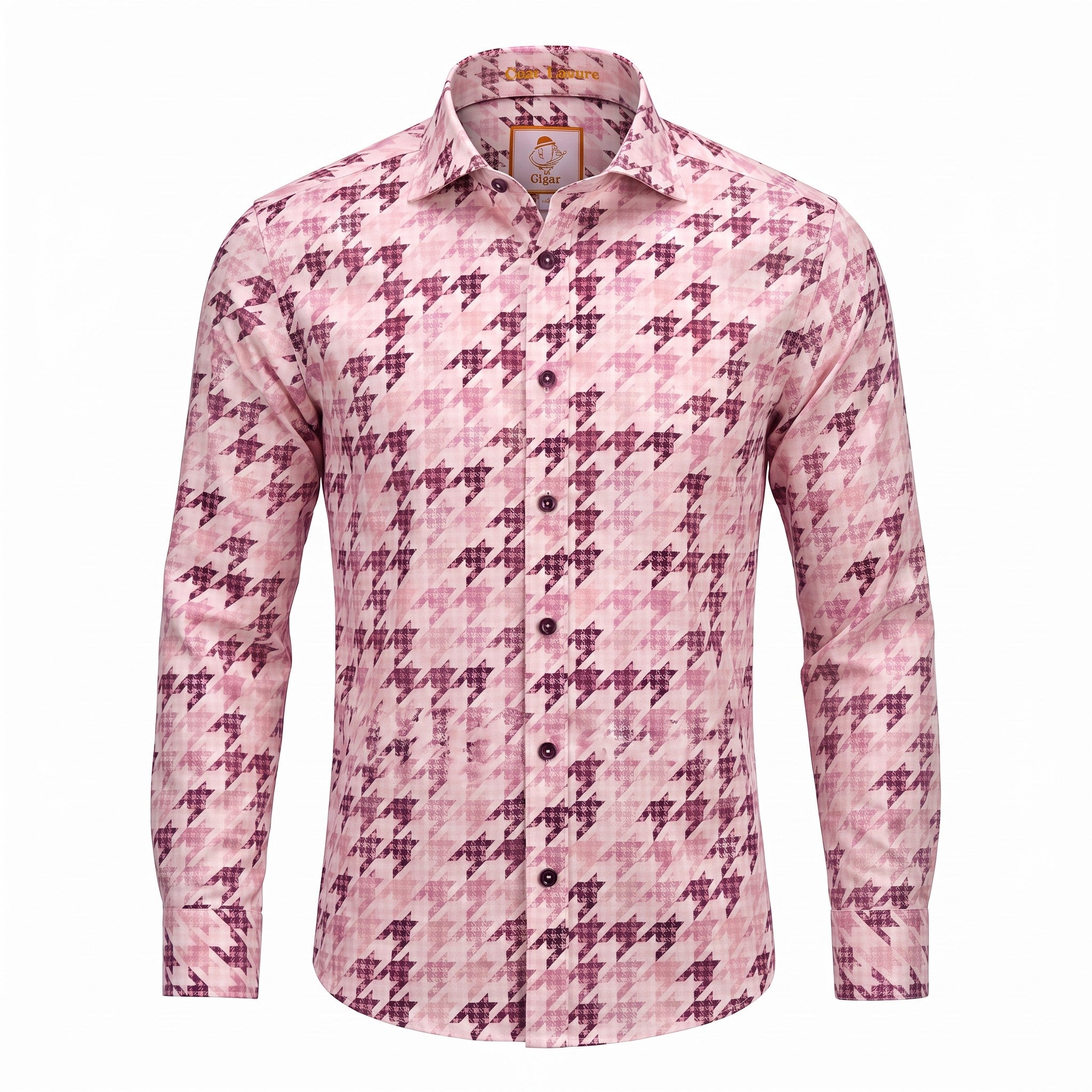 A long-sleeve button-up shirt with a pink and dark purple houndstooth pattern, displayed on a ghost mannequin against a plain white background.