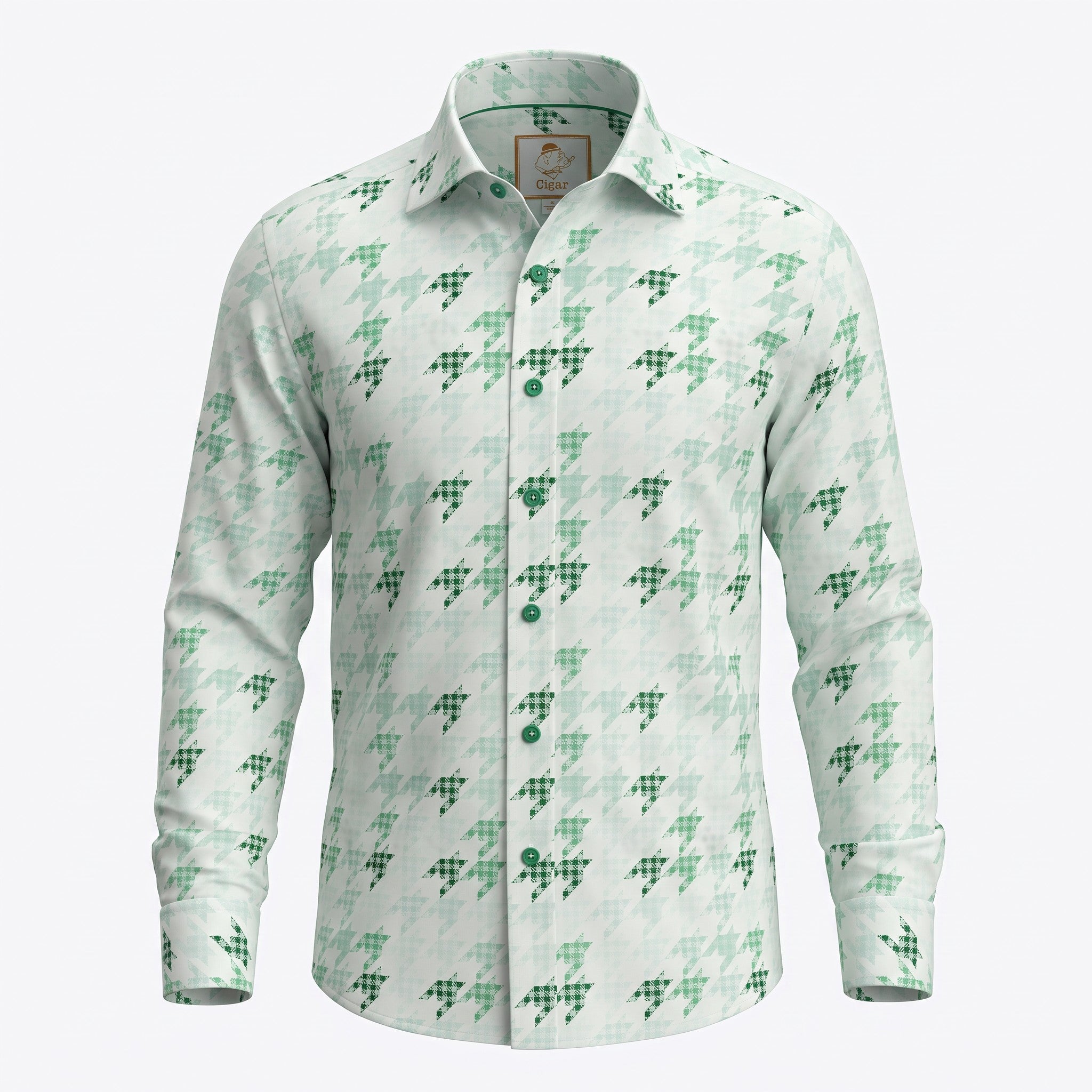 A long-sleeve button-up shirt with a light green and white geometric pattern, displayed on a clean white background.
