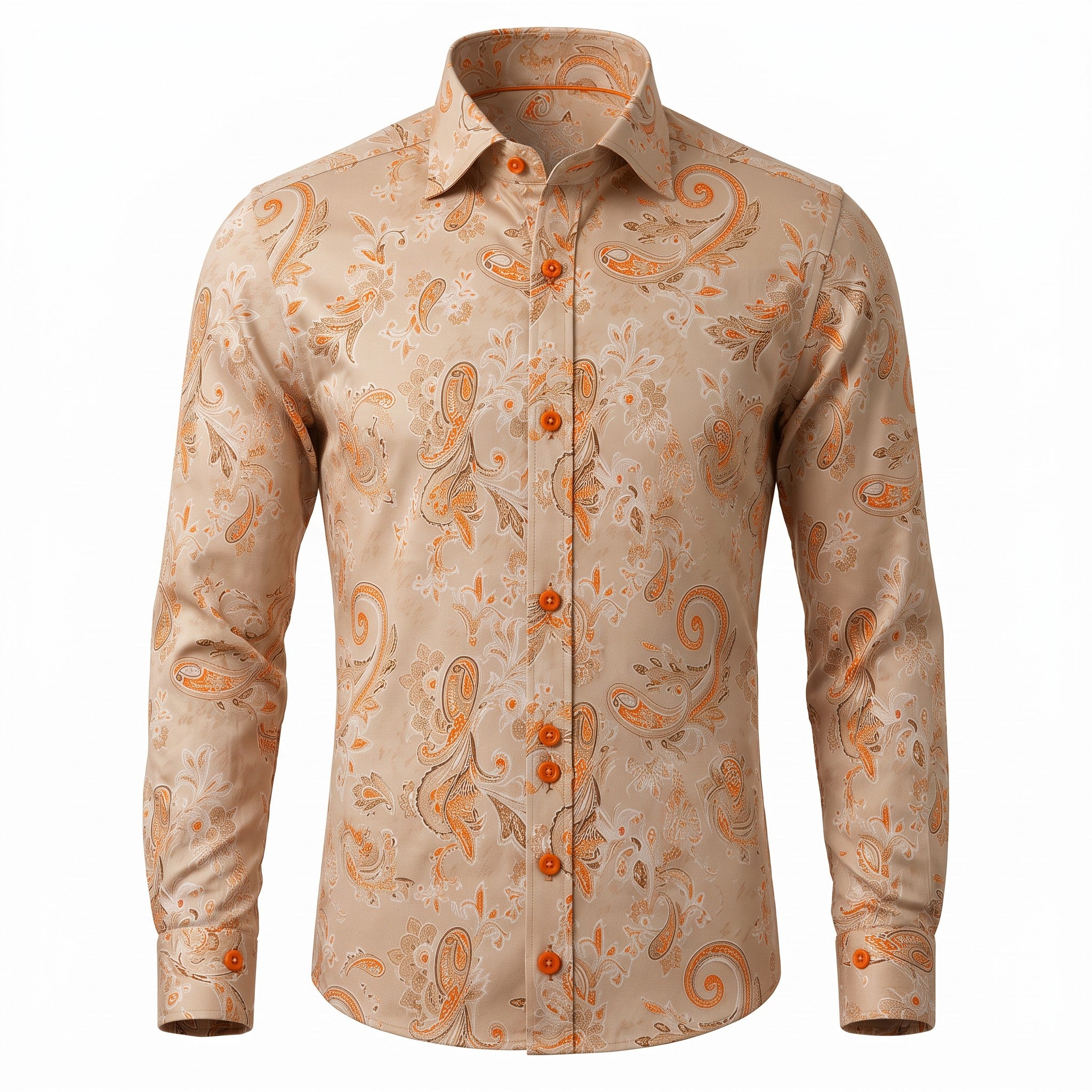 A men's long-sleeve button-up dress shirt in beige with an orange paisley pattern, shown on a clean white background.