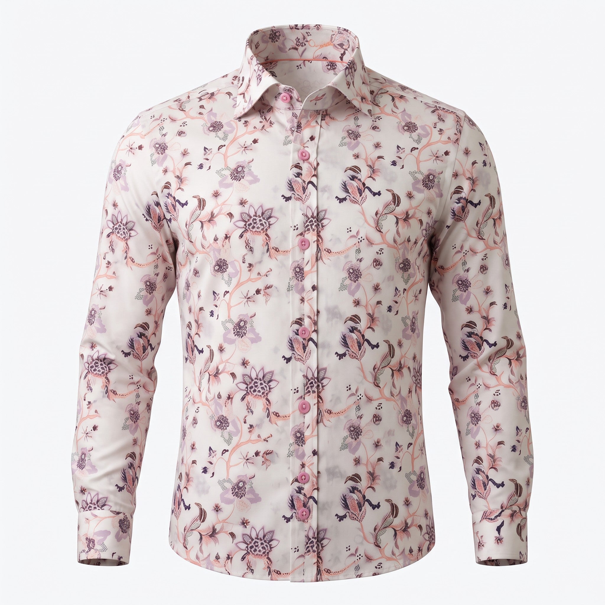 A long-sleeve button-up dress shirt with a beige base and an all-over floral and bird pattern in dusty pink, purple, and black, shown on a clean white background.
