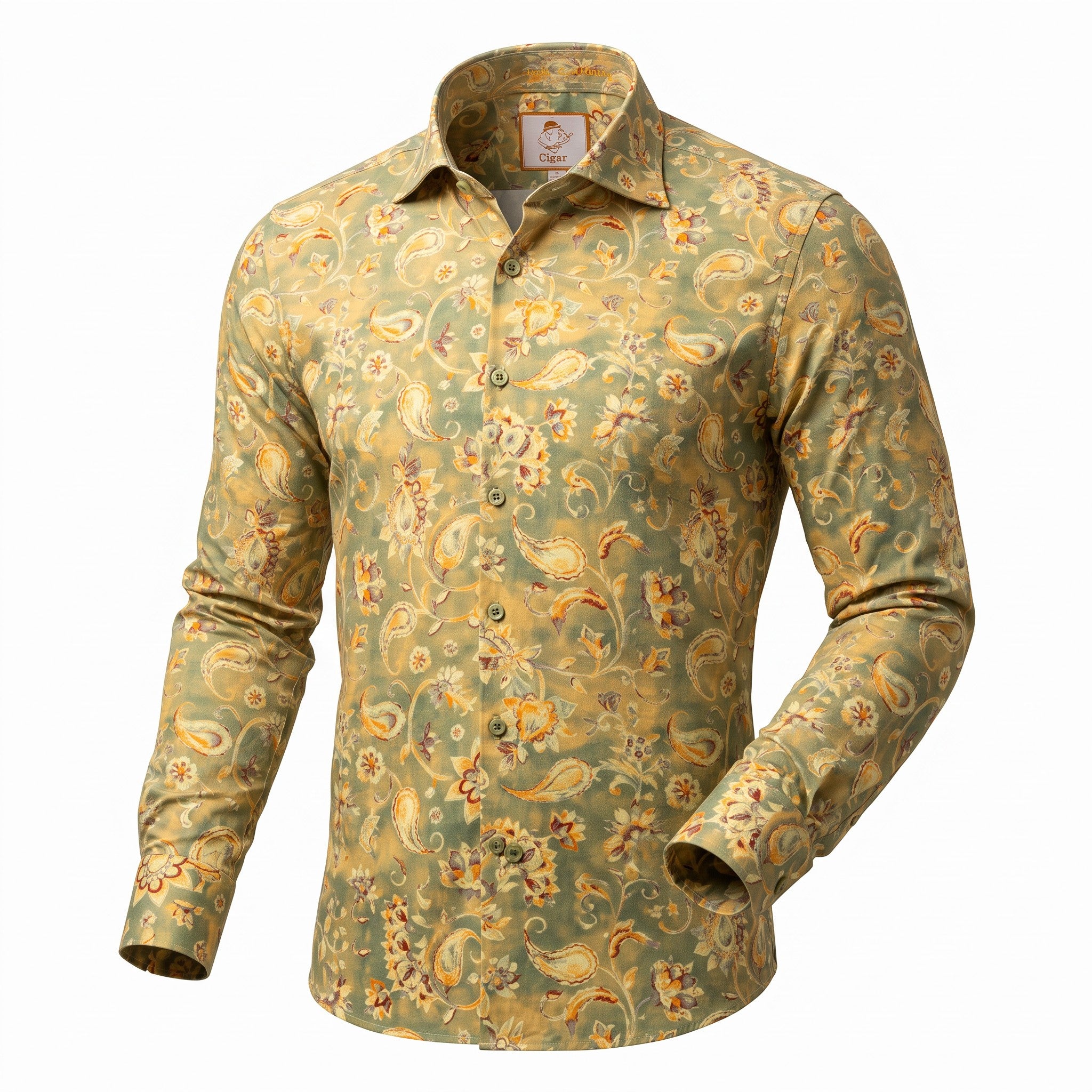 A men's long-sleeve button-up shirt with a green and gold paisley pattern, shown on a clean white background.