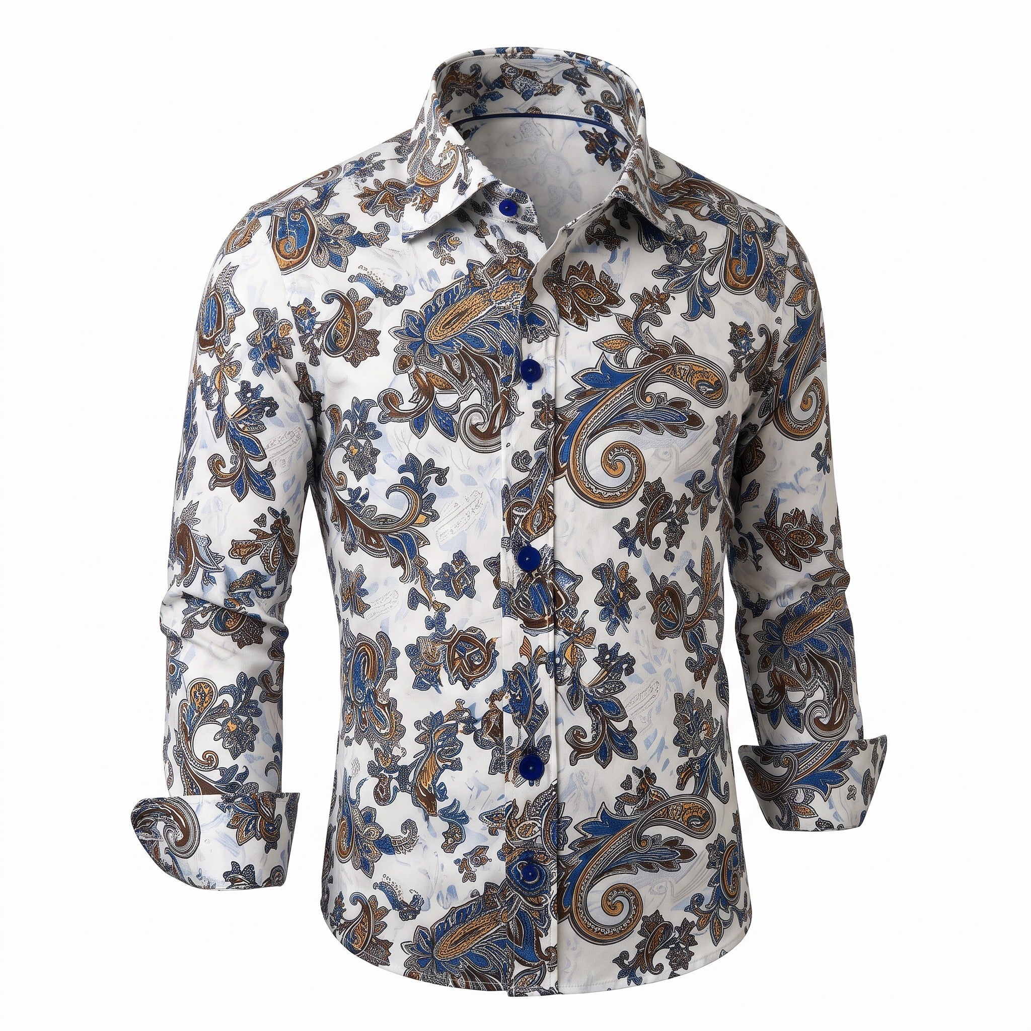 A men's long-sleeve button-up shirt with a white base and an intricate paisley pattern in blue, brown, and gold, shown on a plain white background.