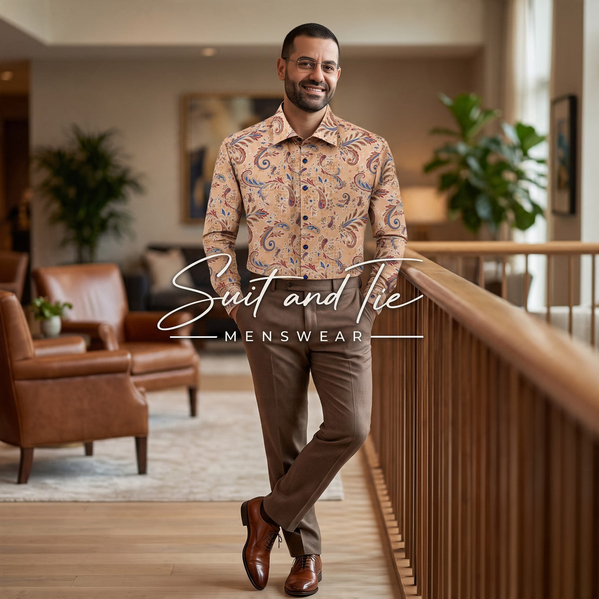 A man wearing a beige and brown paisley patterned button-down shirt, brown trousers, and brown leather dress shoes, standing in a modern indoor lobby setting. A white watermark overlay reads 'Suit and Tie MENSWEAR'.