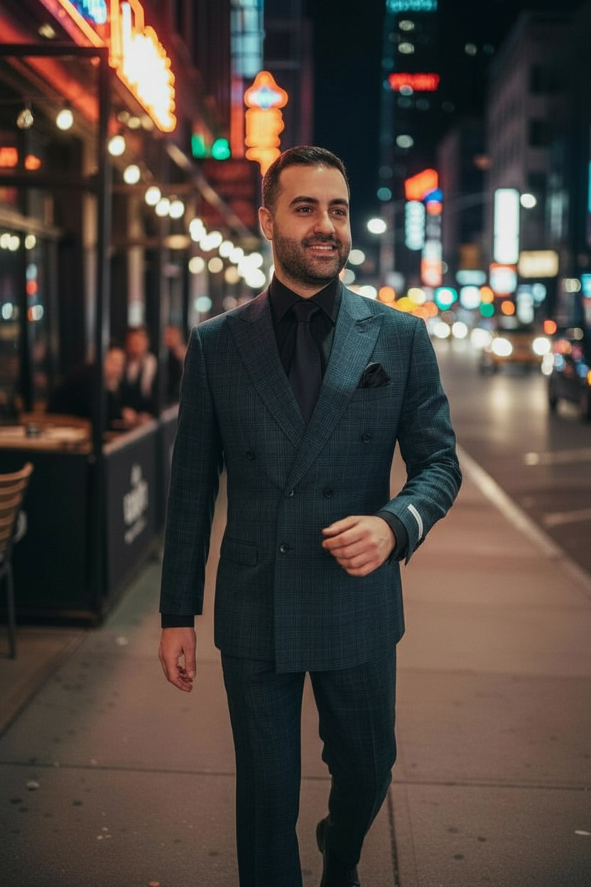 Man in a dark suit standing on a city street at night with neon lights in the background