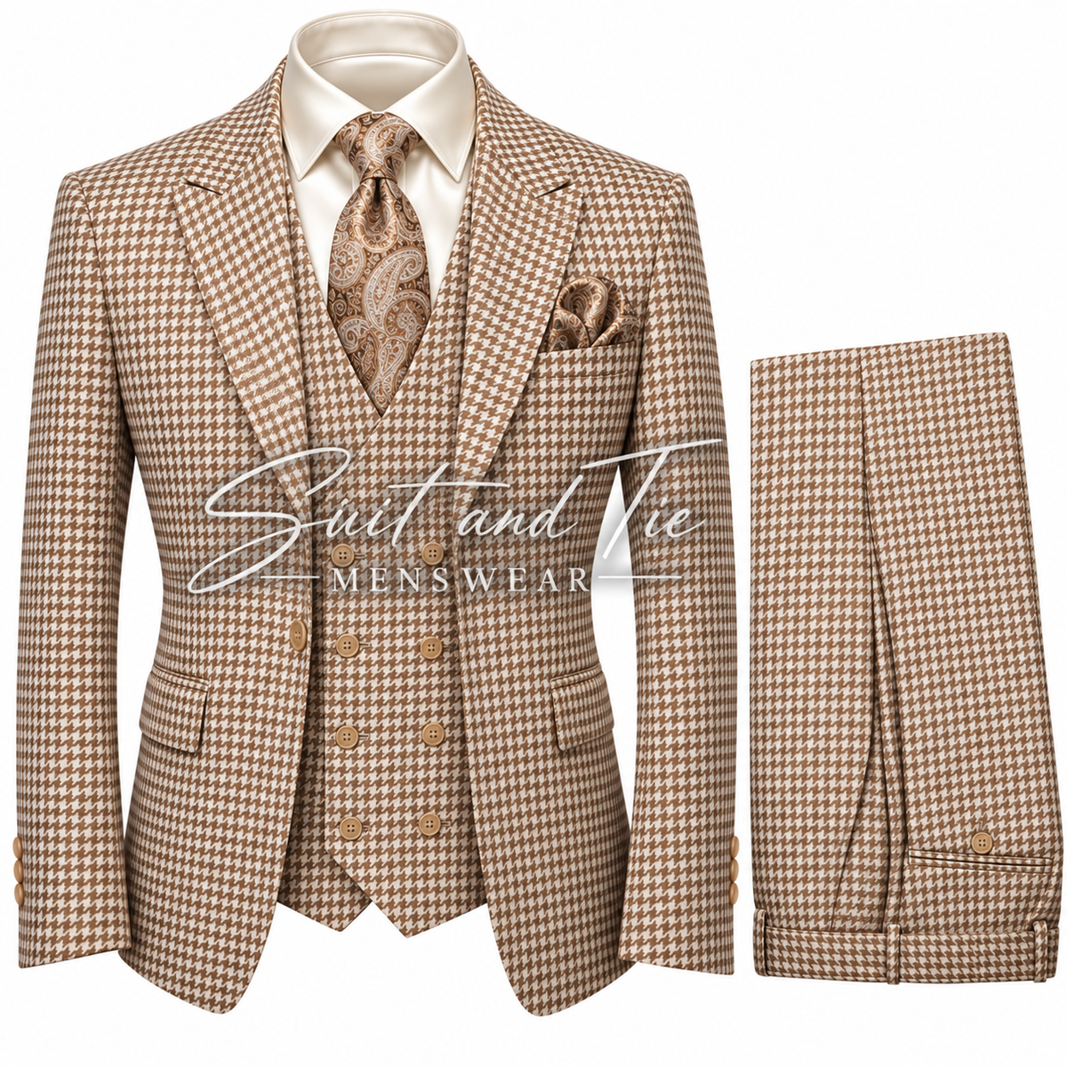 A men's three-piece suit set featuring a brown and beige houndstooth patterned jacket, matching vest, trousers, a cream dress shirt, a paisley tie, and a matching pocket square, displayed on a white background with a 'Suit and Tie Menswear' watermark.