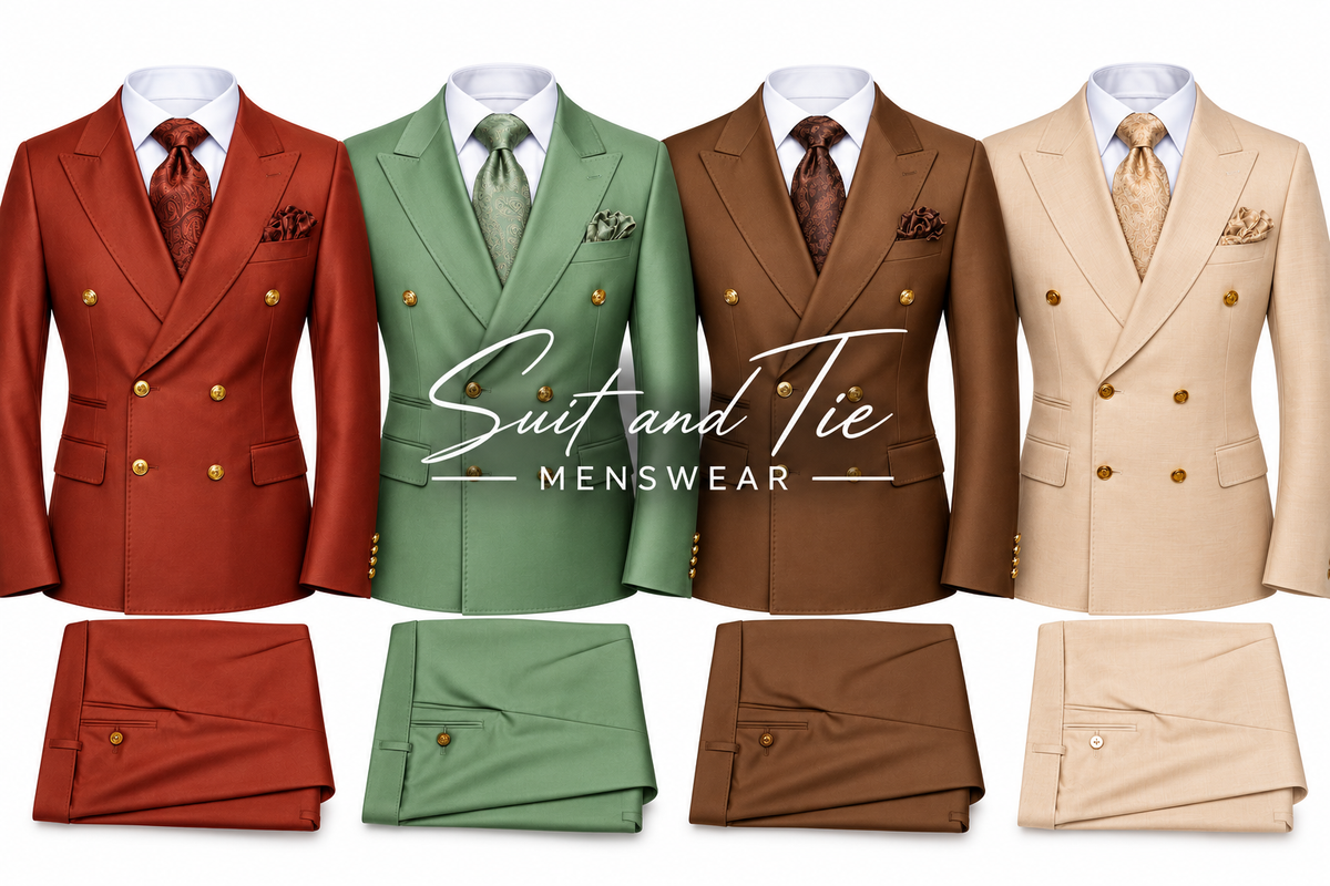 Four men's double-breasted suit sets displayed side by side on white mannequins, with matching trousers folded below each suit. The suits are shown in rust red, sage green, chocolate brown, and light beige, each styled with a tie and pocket square.