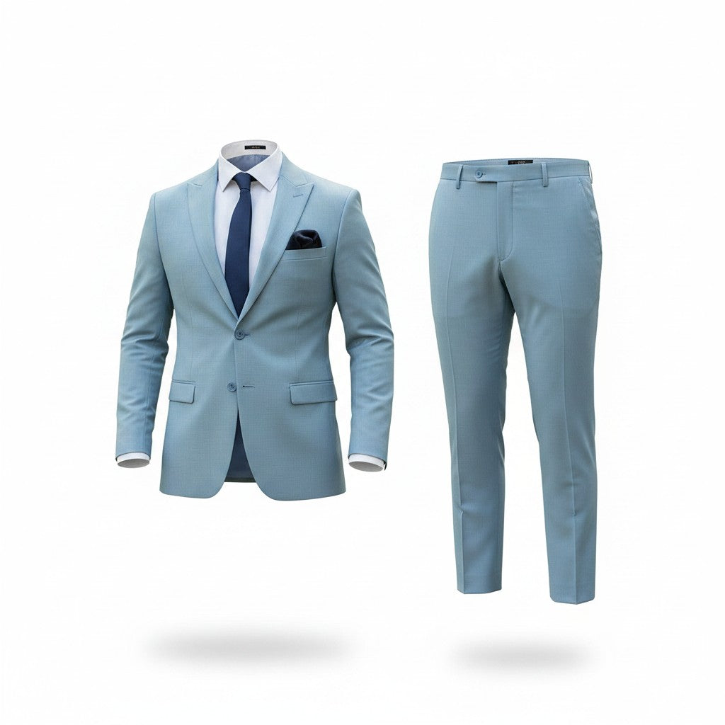 Light blue suit with a tie and pocket square on a white background