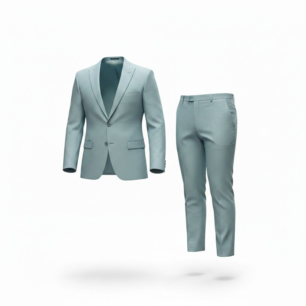 Seafoam blue suit on a white background