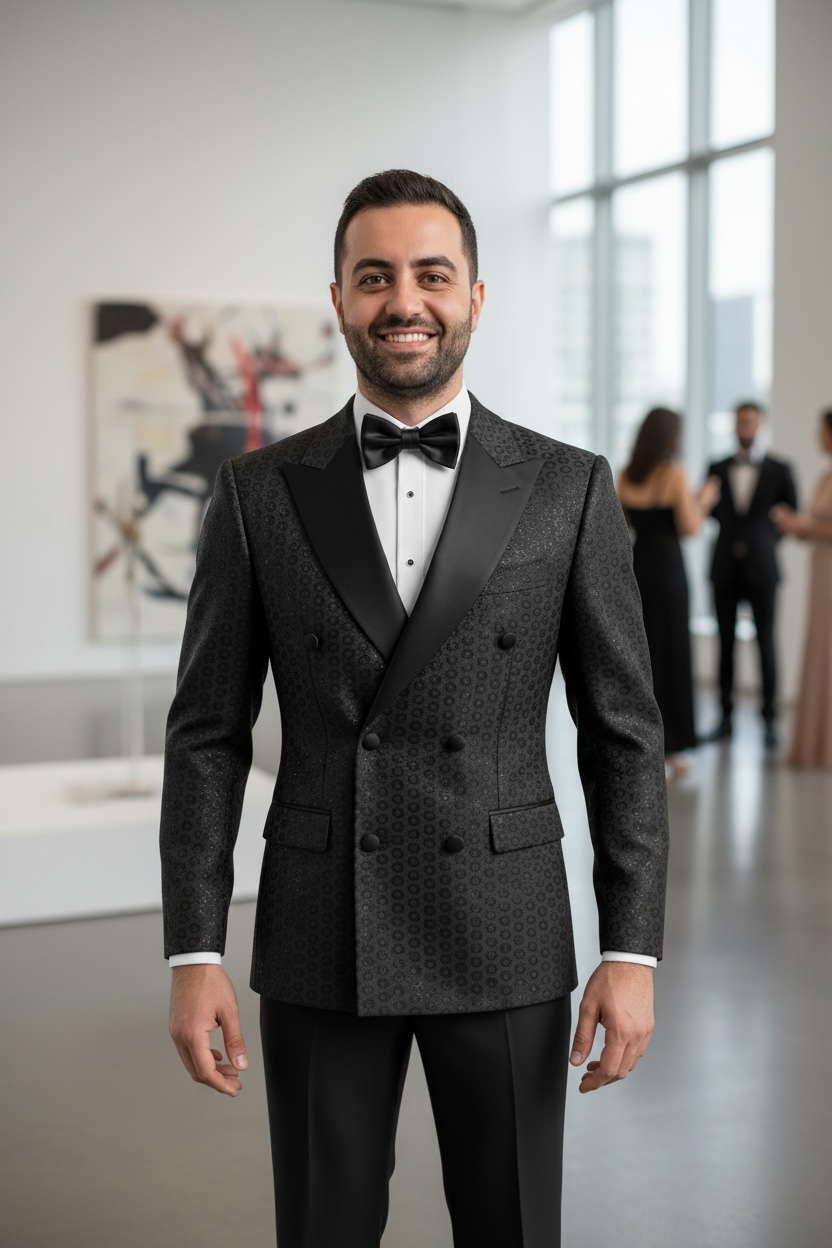 A man wearing a black double-breasted tuxedo jacket with a subtle geometric pattern, black satin lapels, and a black bow tie, standing in a bright, modern gallery or event space.