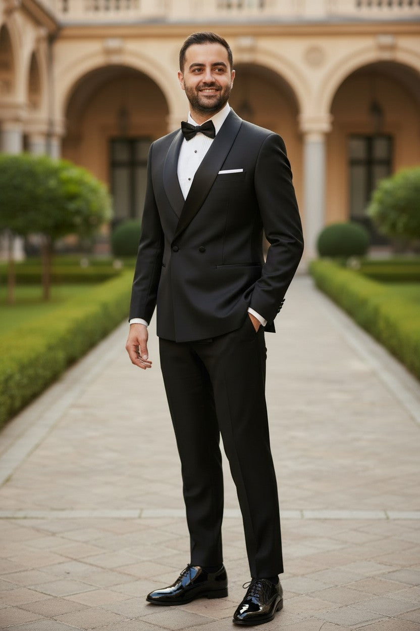 Black Double Breasted Shawl Lapel Tuxedo with lifestyle front view on model
