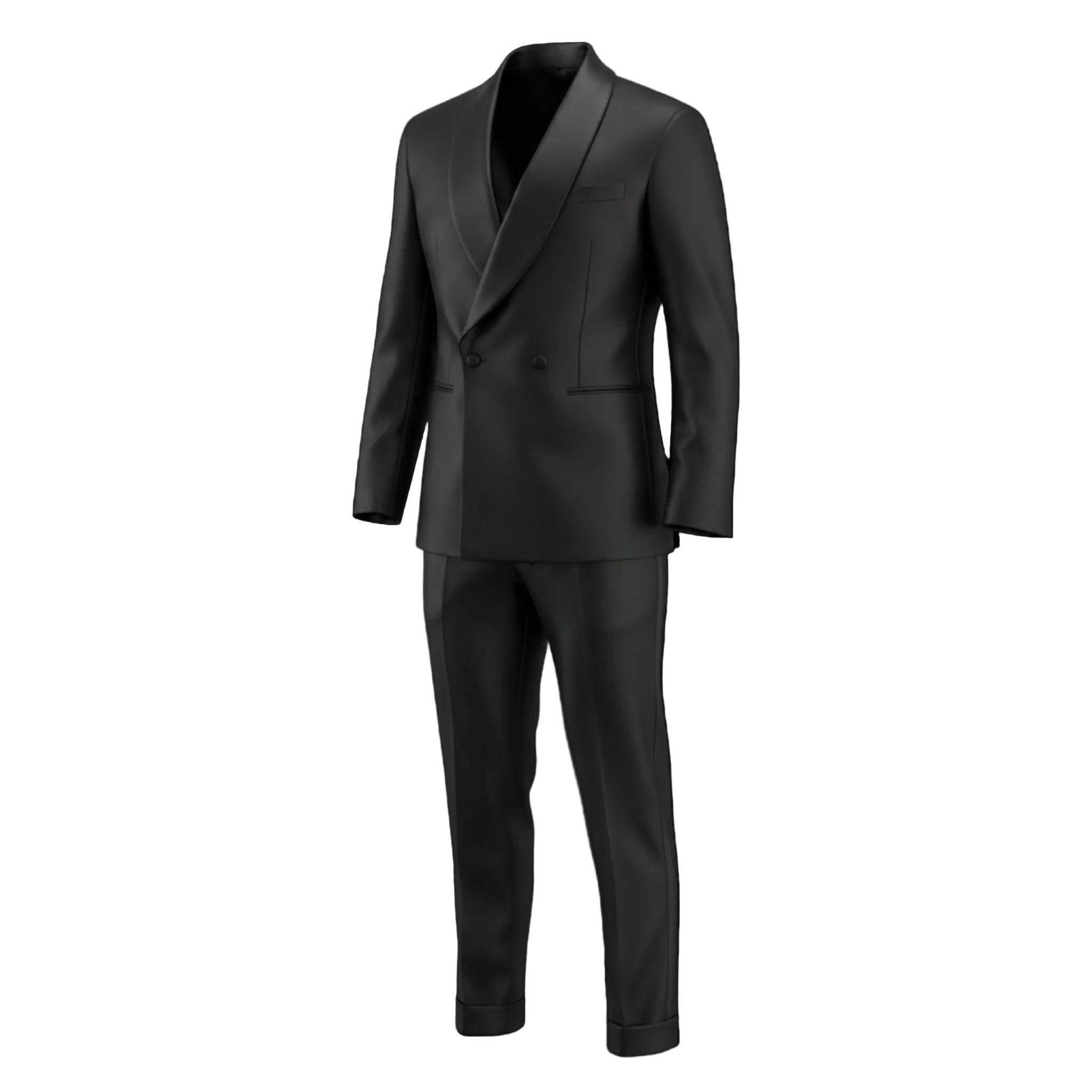 Black Double Breasted Shawl Lapel Tuxedo — flat lay product shot, jacket and trousers