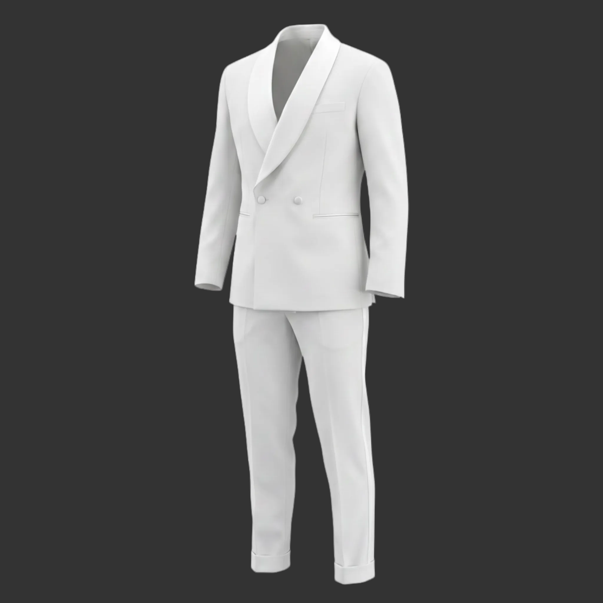 Off-White Double Breasted Shawl Lapel Tuxedo — flat lay product shot, jacket and trousers