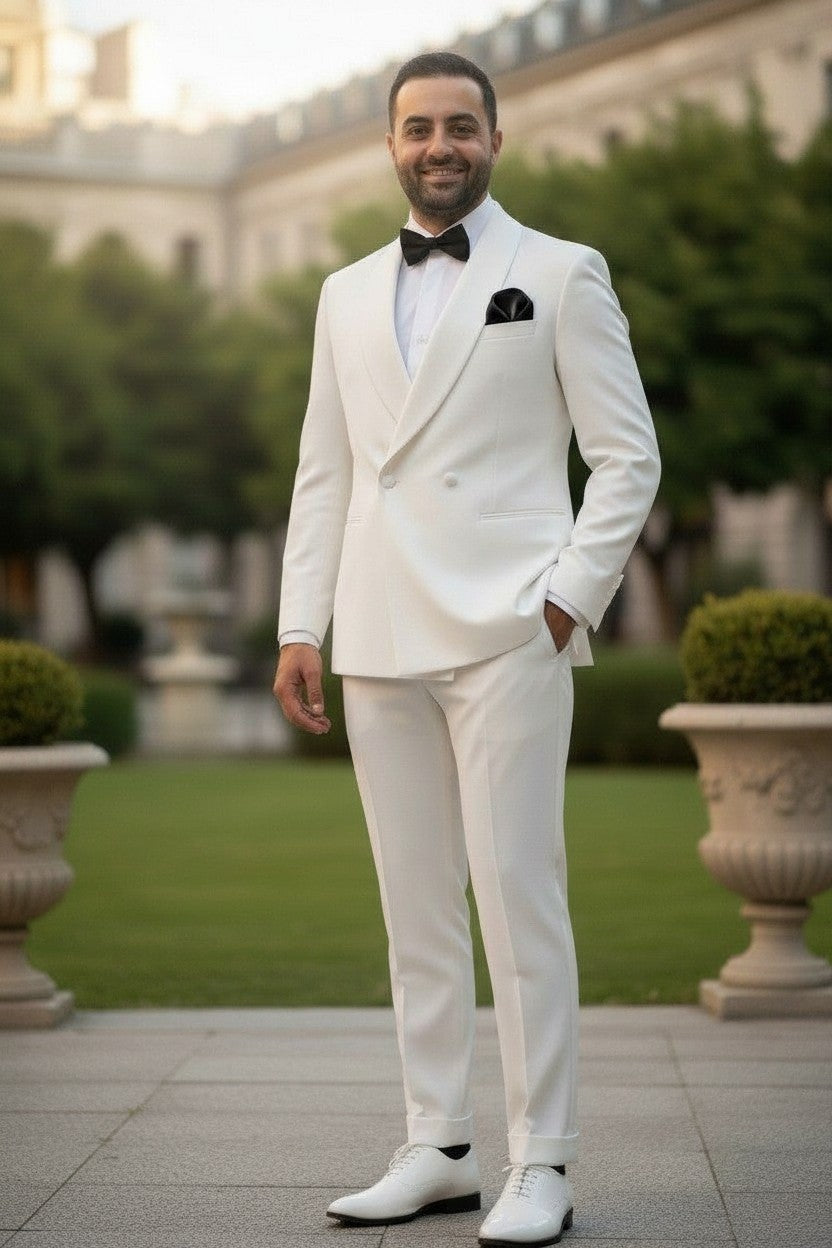 Off-White Double Breasted Shawl Lapel Tuxedo with lifestyle front view on model