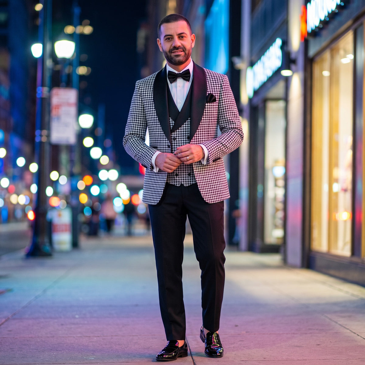 A man wearing a black and white checkered tuxedo jacket with black satin lapels, a black vest, a white shirt, and a black bow tie stands on a city street at night with blurred lights in the background.
