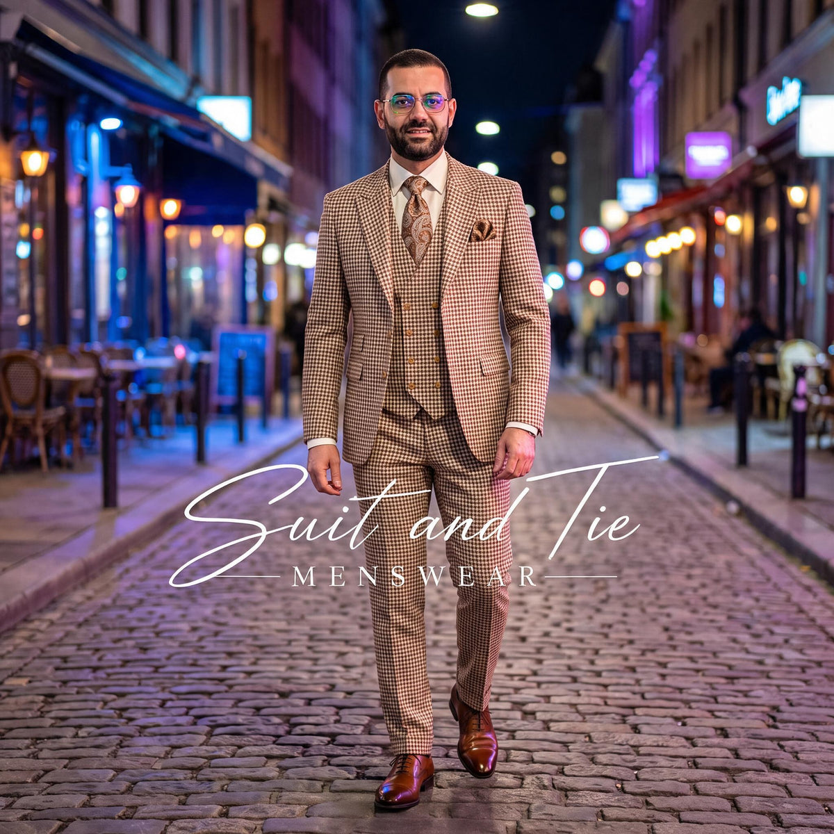 A man wearing a beige and brown checkered three-piece suit with a matching tie and pocket square walks down a cobblestone street at night. The image features a 'Suit and Tie MENSWEAR' text overlay in the center.
