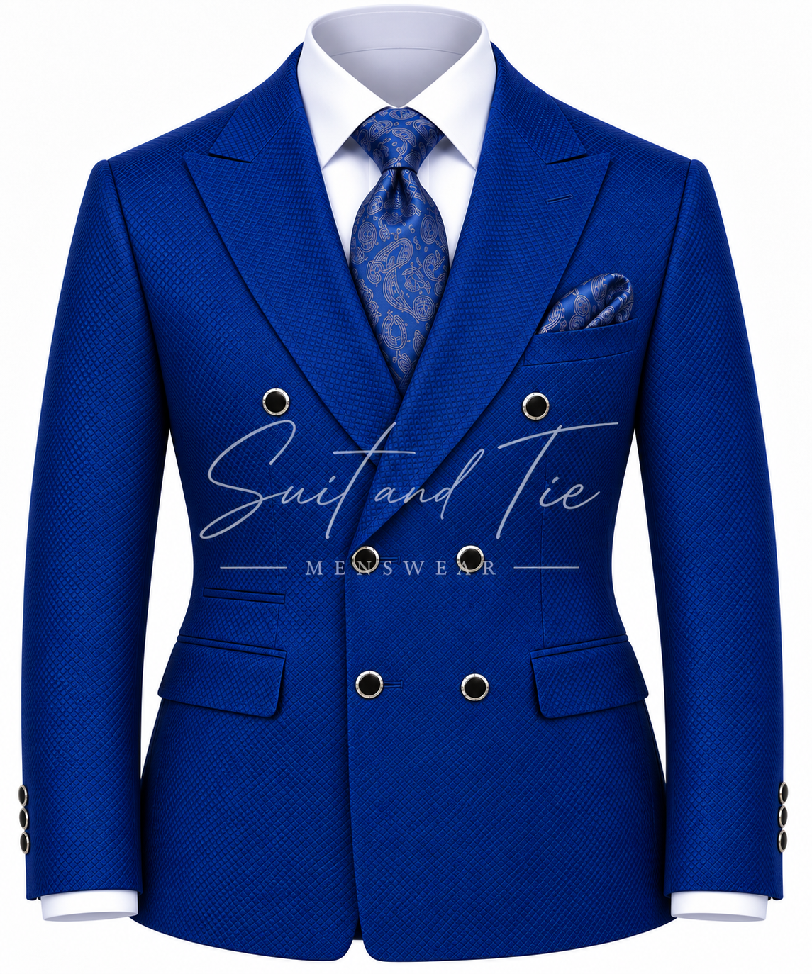 A royal blue double-breasted suit jacket with a subtle textured pattern, styled with a white dress shirt, a blue patterned tie, and a matching pocket square. The jacket features gold-tone buttons and is presented on a white background with a 'Suit and Tie' watermark overlay.