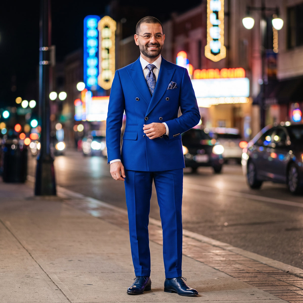 A man wearing a sharp royal blue double-breasted suit, white dress shirt, patterned tie, and blue dress shoes stands on a city street at night with blurred neon signs in the background.