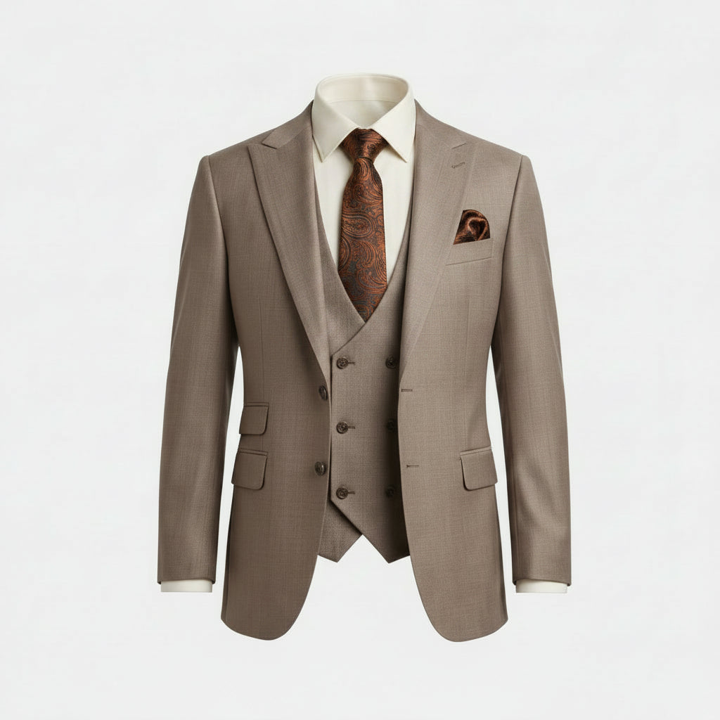 A three-piece taupe brown suit displayed on a mannequin torso, featuring a single-breasted jacket, matching waistcoat, trousers, and a cream dress shirt.