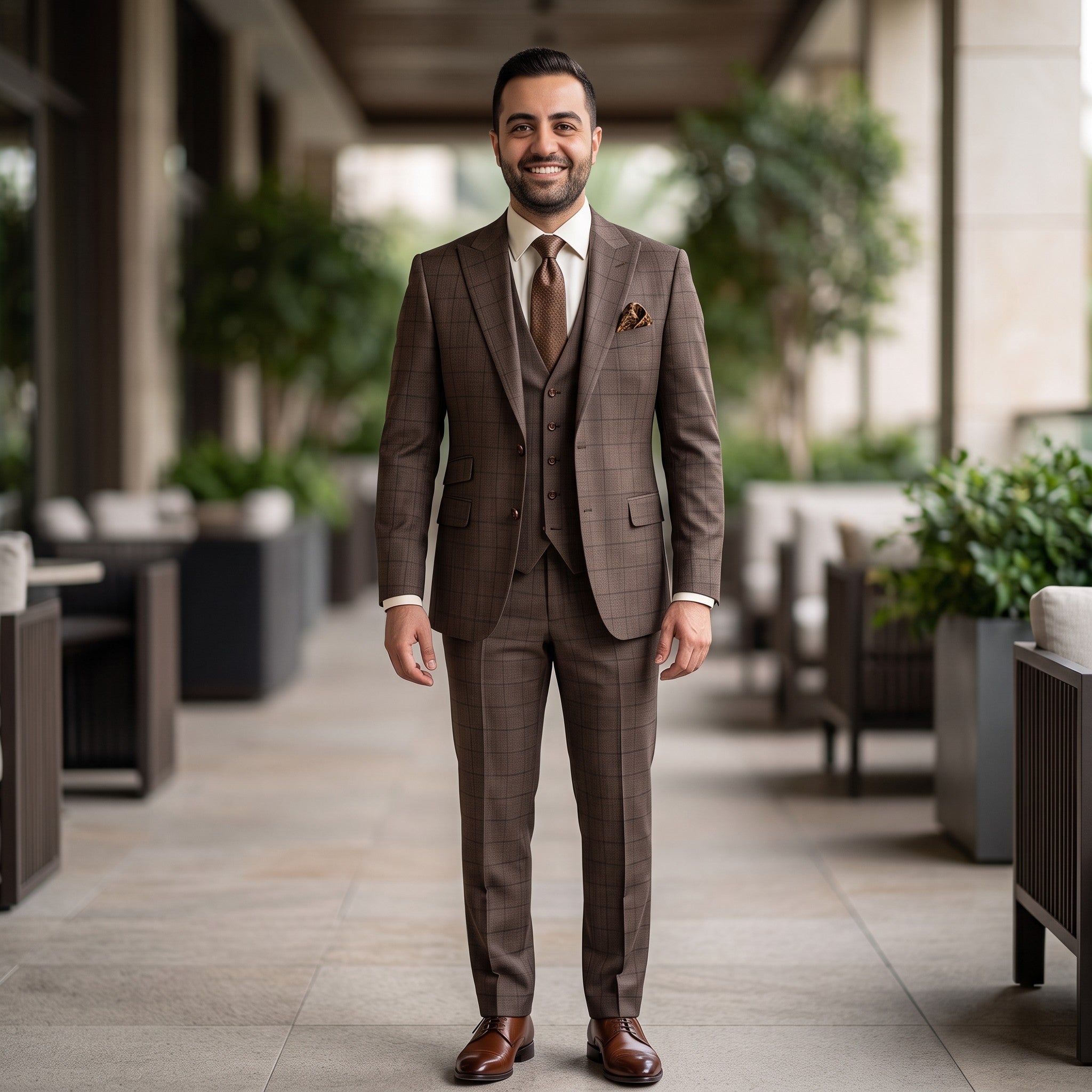 A man wearing a brown plaid three-piece suit, white dress shirt, brown tie, and brown dress shoes, standing in a modern outdoor walkway with blurred plants and seating in the background.