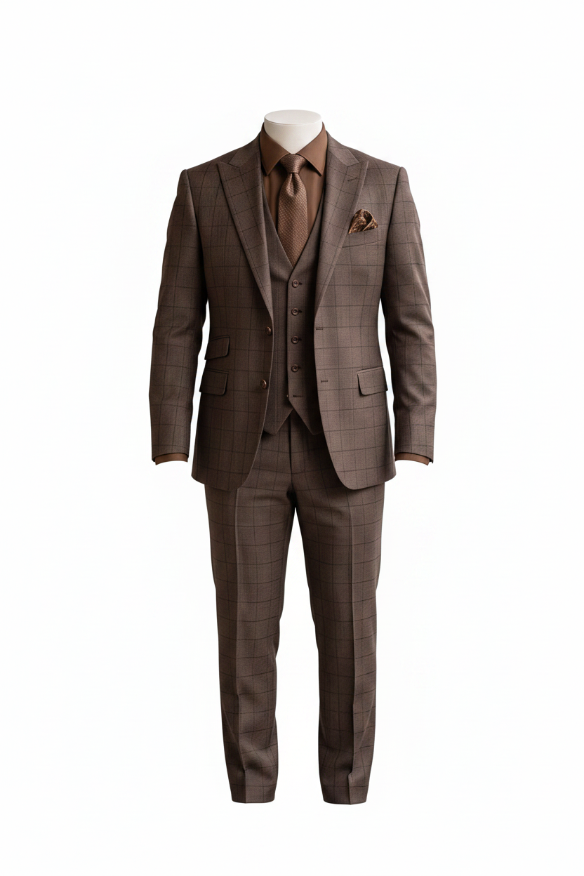 Brown plaid three-piece suit, white dress shirt, brown tie, and brown dress shoes, standing in a modern outdoor walkway with blurred plants and seating in the background.