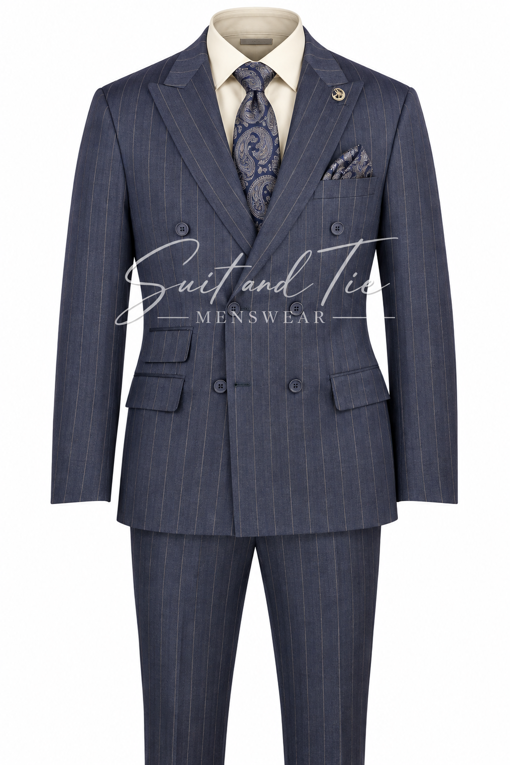 A navy blue double-breasted pinstripe suit displayed on a mannequin torso, styled with a cream dress shirt, a patterned paisley tie, and a matching pocket square. A watermark reading 'Suit and Tie Menswear' is overlaid across the center.