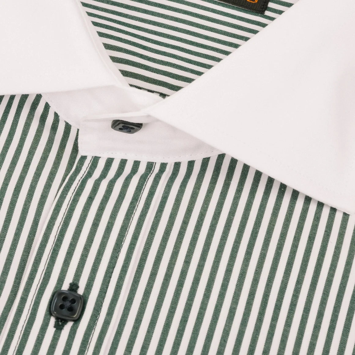 Close-up of a striped dress shirt with green and white vertical stripes, a solid white collar, and black buttons.