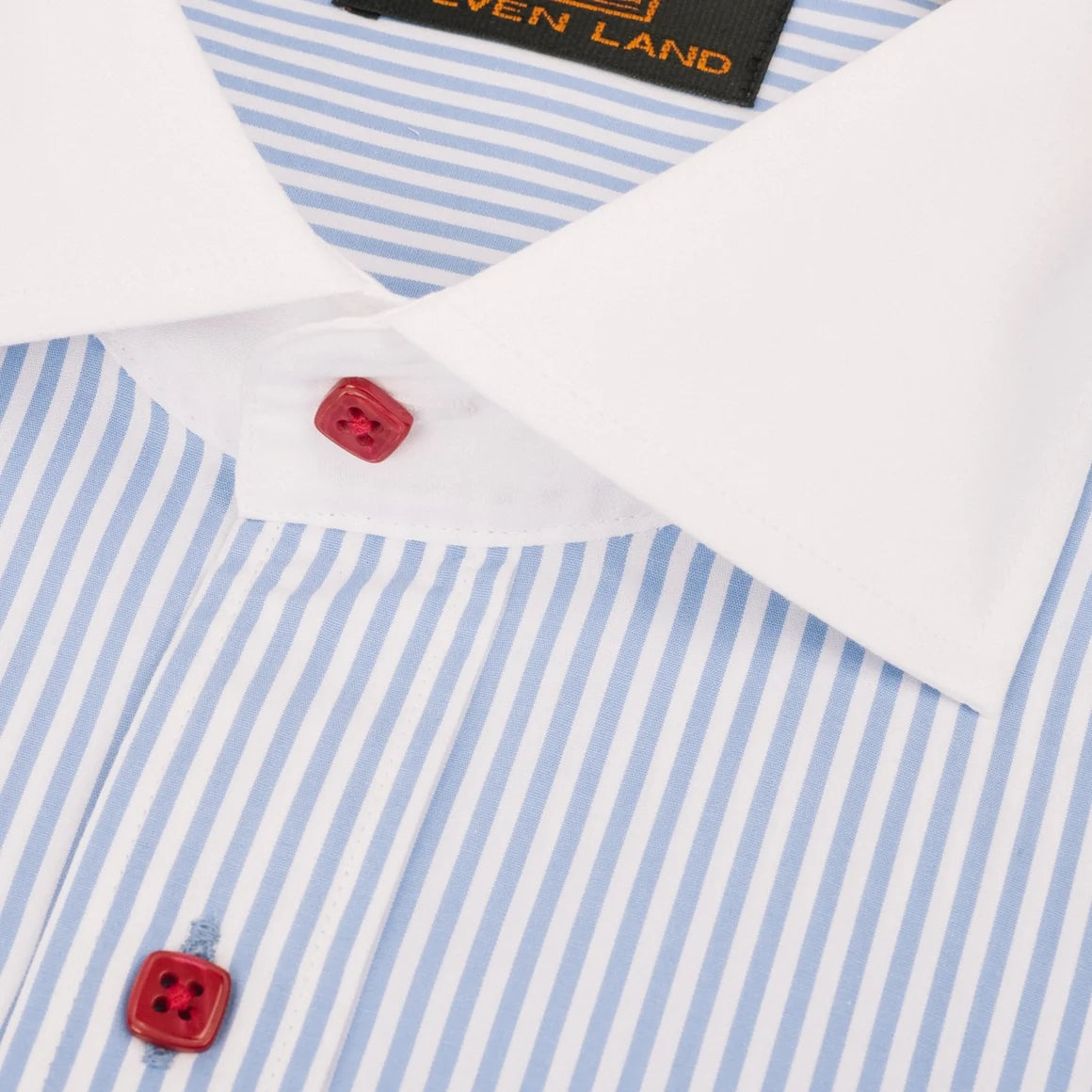 Close-up of a men's dress shirt with light blue and white vertical stripes, a solid white collar, and red buttons. A black neck label with the brand 'EVEN LAND' is visible.