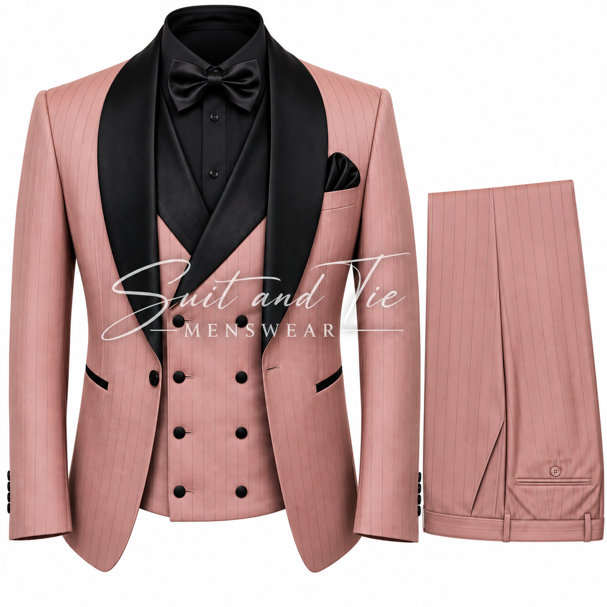 A men's formal suit set featuring a dusty pink pinstripe jacket with black satin shawl lapels, a double-breasted vest, a matching pink pinstripe trouser, a black dress shirt, a black bow tie, and a black pocket square. A semi-transparent 'Suit and Tie Menswear' watermark is overlaid on the center.
