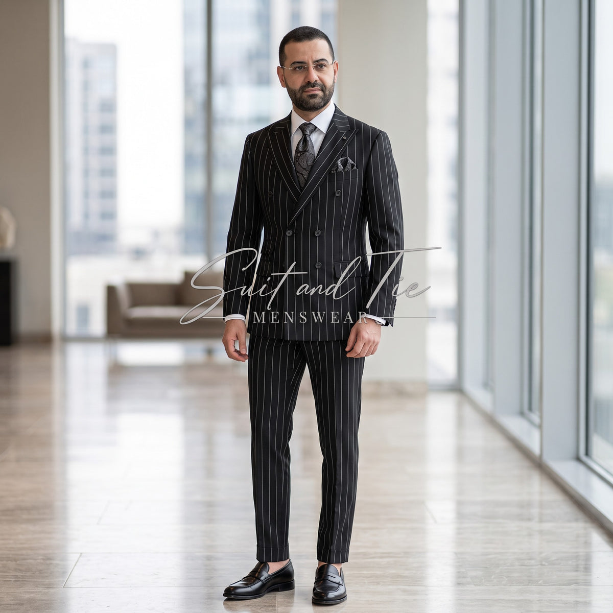 A man wearing a black double-breasted pinstripe suit with a white shirt and patterned tie, standing in a modern office lobby. A watermark for 'Suit and Tee MENSWEAR' is overlaid across the center.