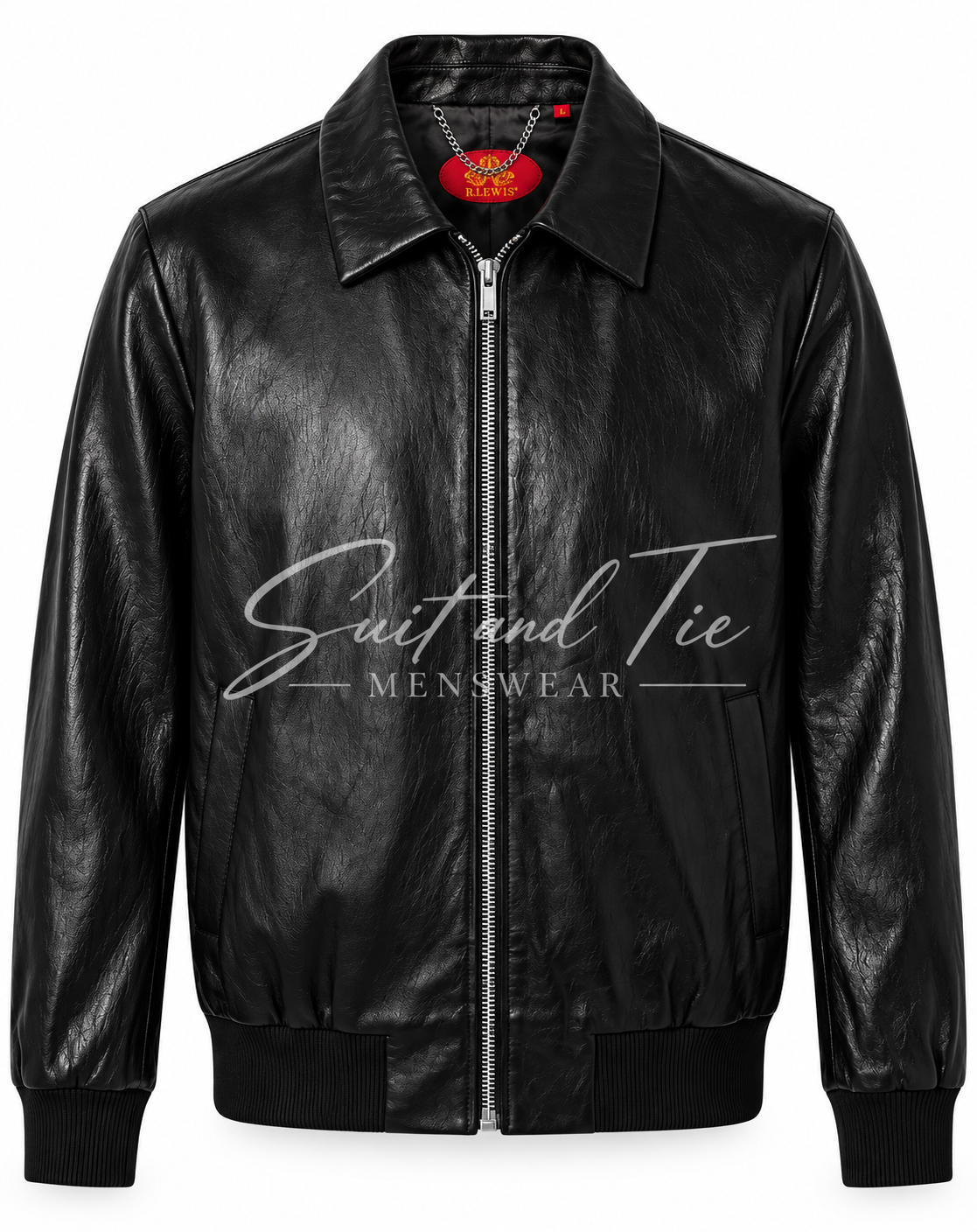 A black faux leather bomber jacket with a front zipper, ribbed collar, cuffs, and hem, featuring a 'Suit and Tie' watermark across the chest.