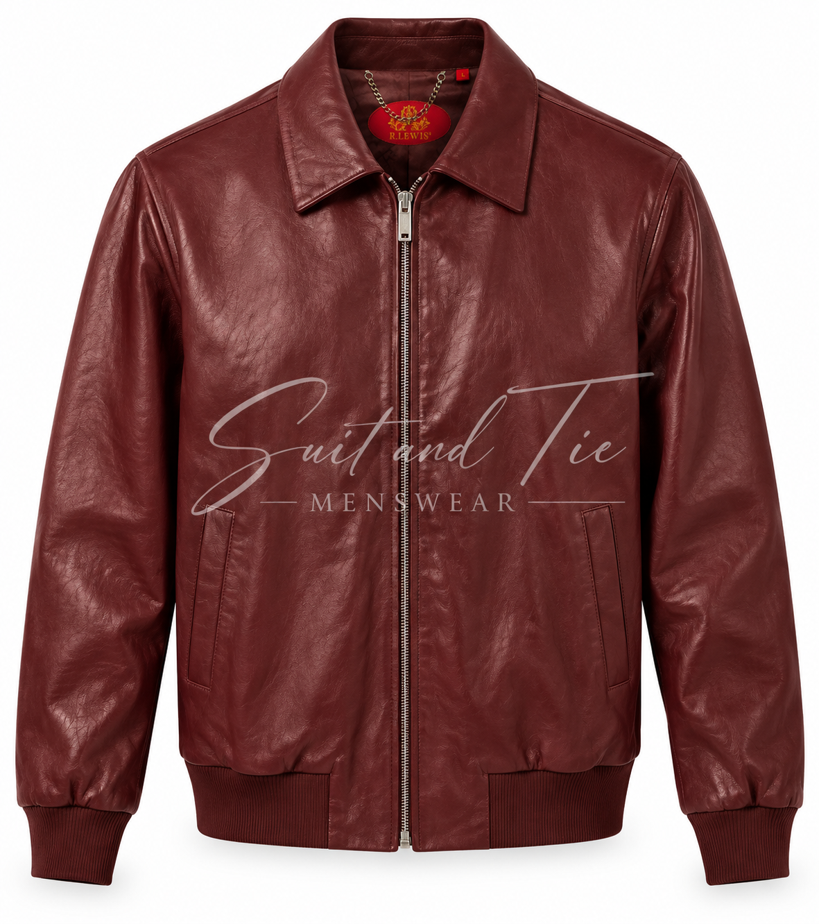A burgundy faux leather bomber jacket with a front zipper, ribbed collar, cuffs, and hem, featuring a 'Suit and Tie' watermark across the chest.