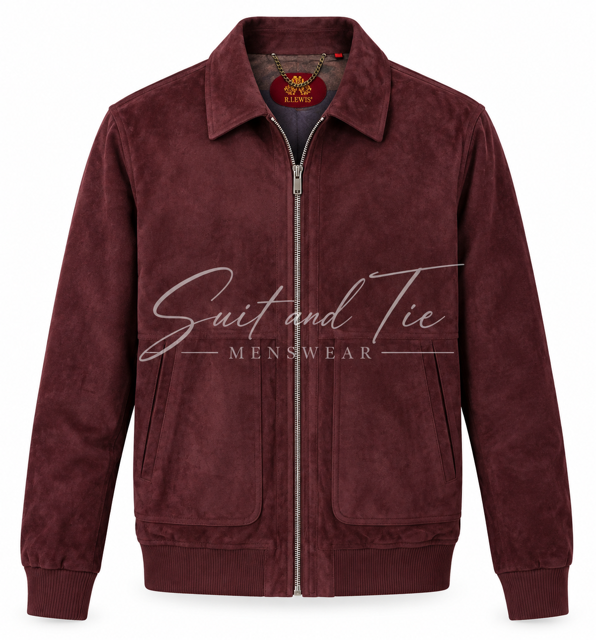 A dark burgundy suede zip-up jacket with a stand collar, ribbed cuffs and hem, and two front patch pockets, shown on a plain white background with a 'Suit and Tie' watermark overlay.