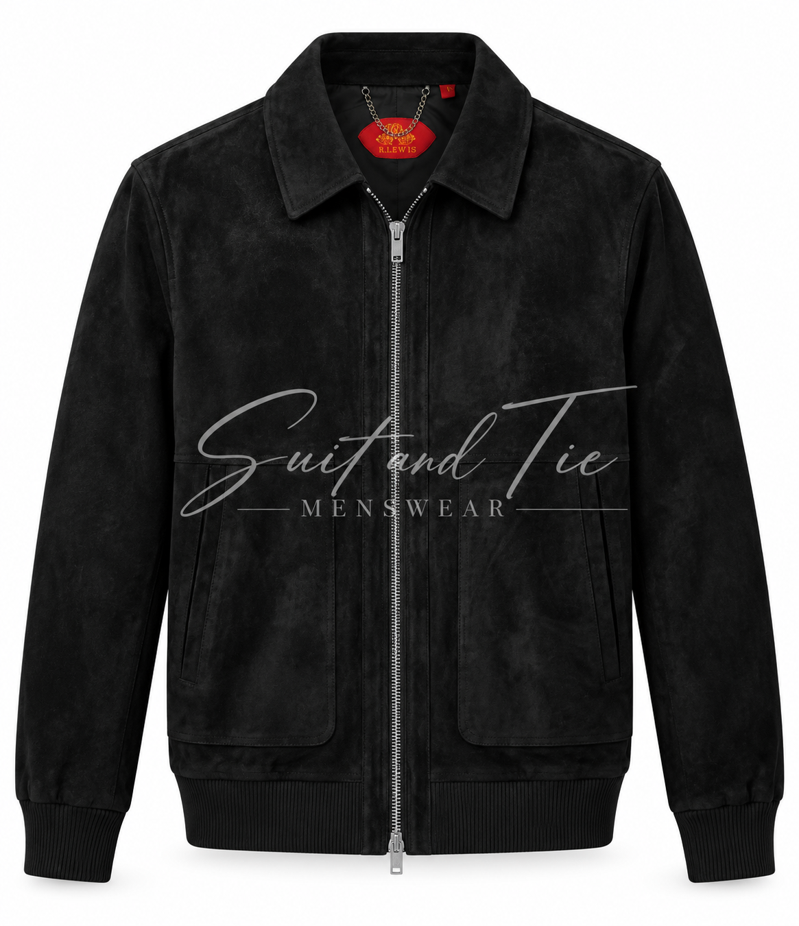 A black suede-like zip-up jacket with a collar, front pockets, and ribbed cuffs and hem, shown on a plain white background. A large 'Suit and Tie MENSWEAR' watermark is overlaid across the chest.
