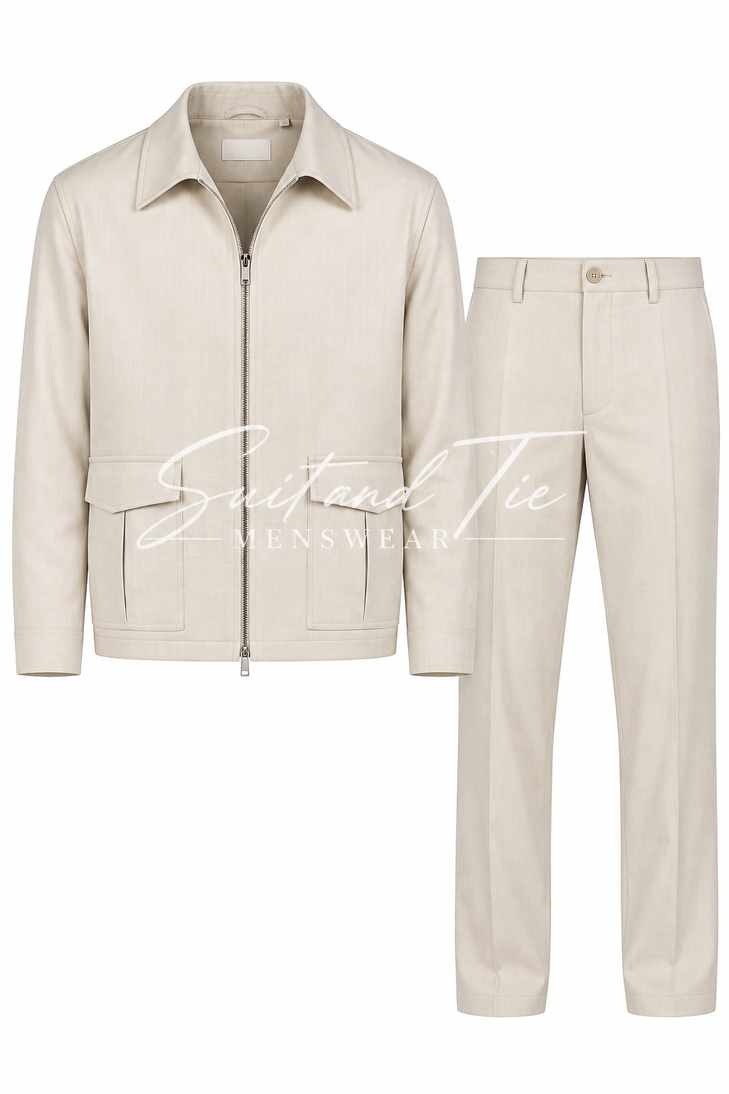 A men's two-piece suit set in a light cream or off-white color, featuring a zip-up jacket with a collar and front pockets, paired with matching straight-leg trousers. A semi-transparent watermark reading 'Suit and Tie Menswear' is overlaid across the center.