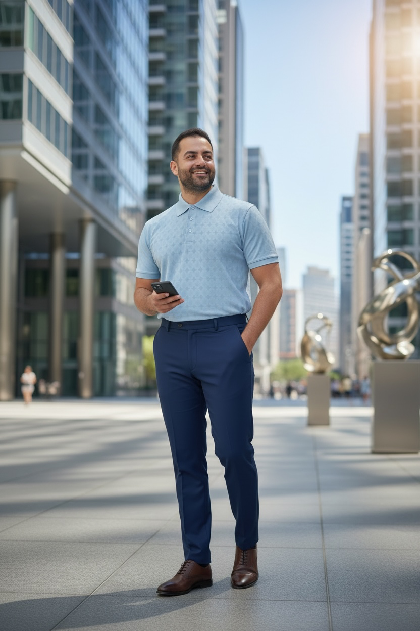 Man in a light blue shirt and dark blue pants standing in an urban setting with modern buildings.