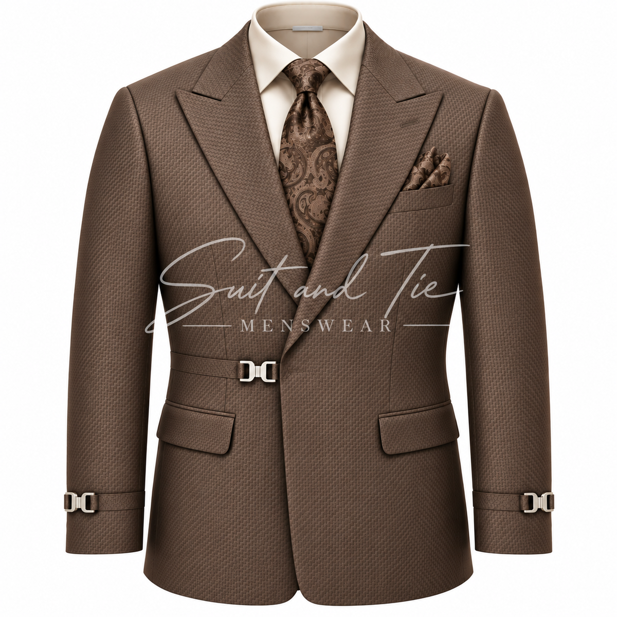 A Taupe textured suit jacket with a matching paisley tie and pocket square, displayed on a white background with a 'Suit and Tie Menswear' watermark.