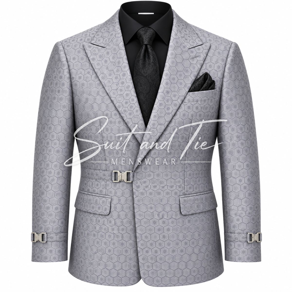 A light gray patterned suit jacket with a subtle geometric design, styled with a black dress shirt, black tie, and black pocket square. The jacket features decorative silver buckle details on the cuffs and waist, and a central 'Suit and Tie MENSMWEAR' watermark overlay.